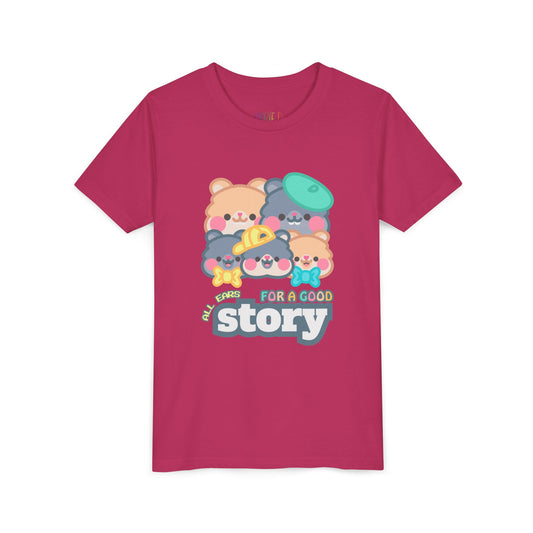 Pink t-shirt with pastel cartoon animals and text 'All Ears For A Good Story'