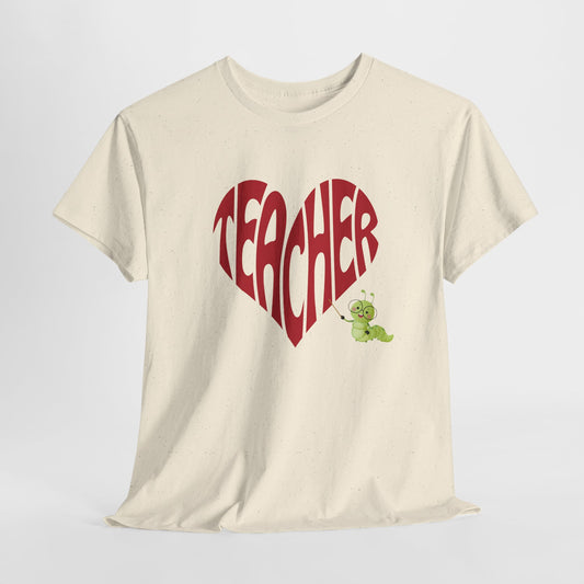 Teen/Adult Unisex Teacher Heart Tee – Retro Style with Bookworm Charm