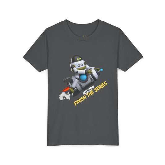Gray t-shirt with a robot riding a rocket and text 'Mission Finish The Series'