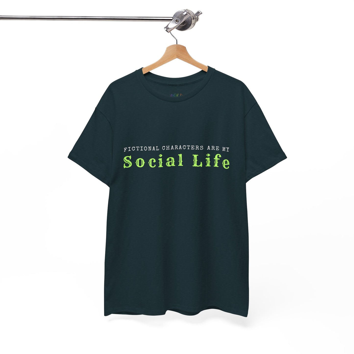 Midnight t-shirt with text 'Fictional characters are my social life' 