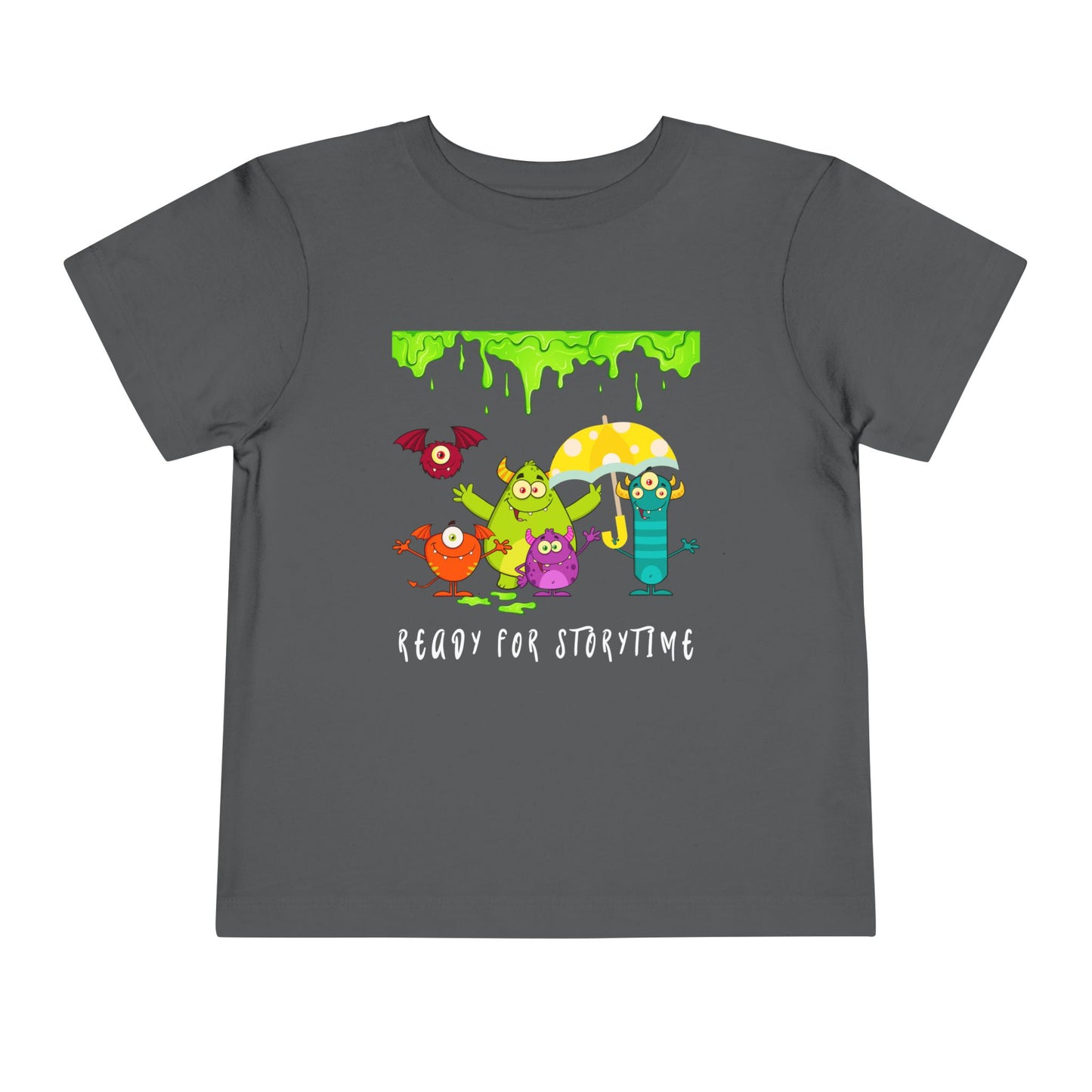 Gray toddler t-shirt with colorful monster characters, an umbrella and green dripping slime, 'Ready for Storytime' text 