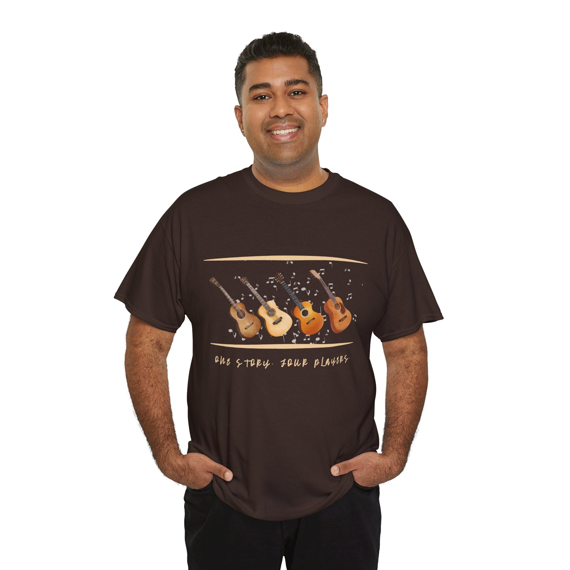 Man wearing a brown t-shirt with four guitars and text 'one story, four players'
