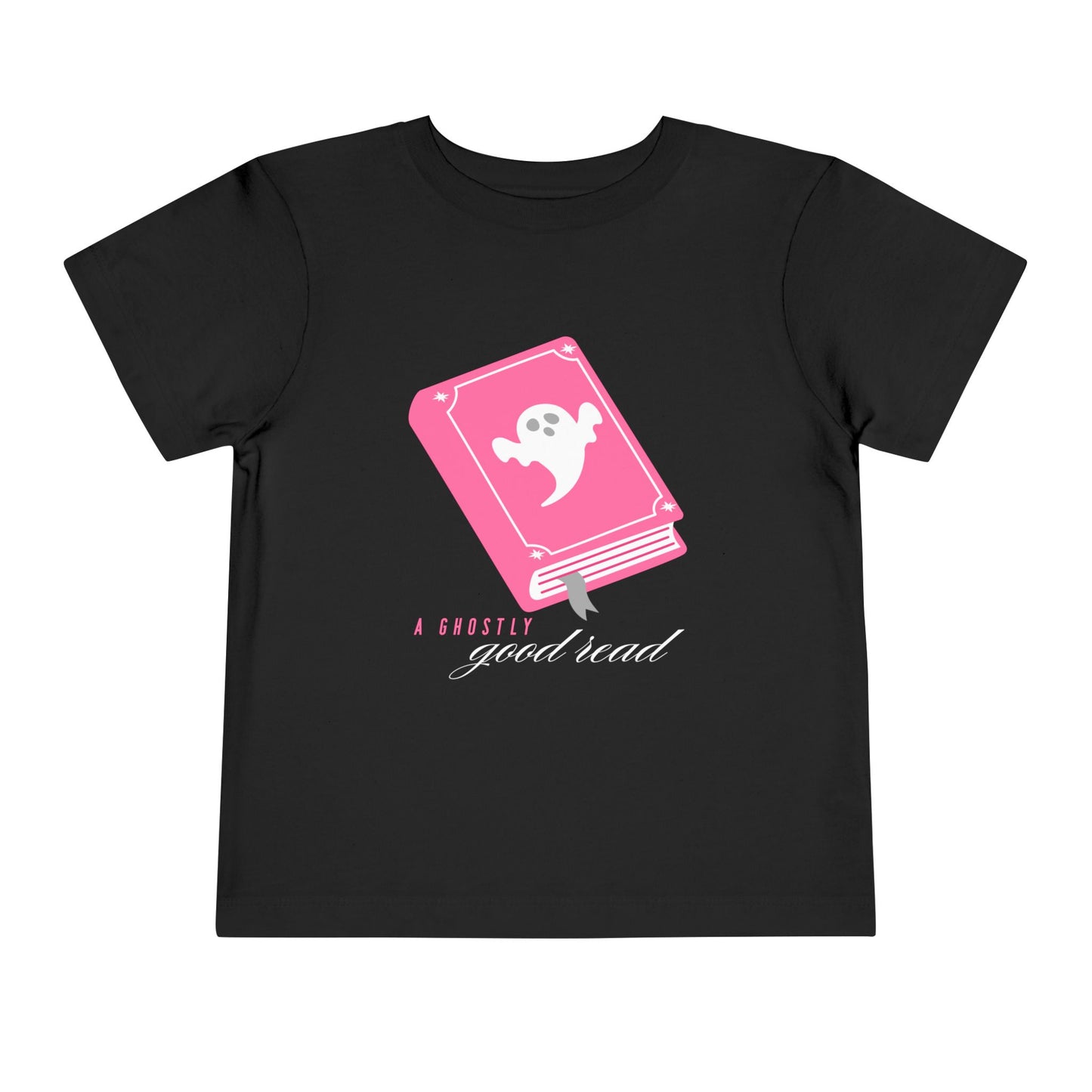 Black t-shirt with pink book with a ghost on the cover and text 'A ghostly good read' 