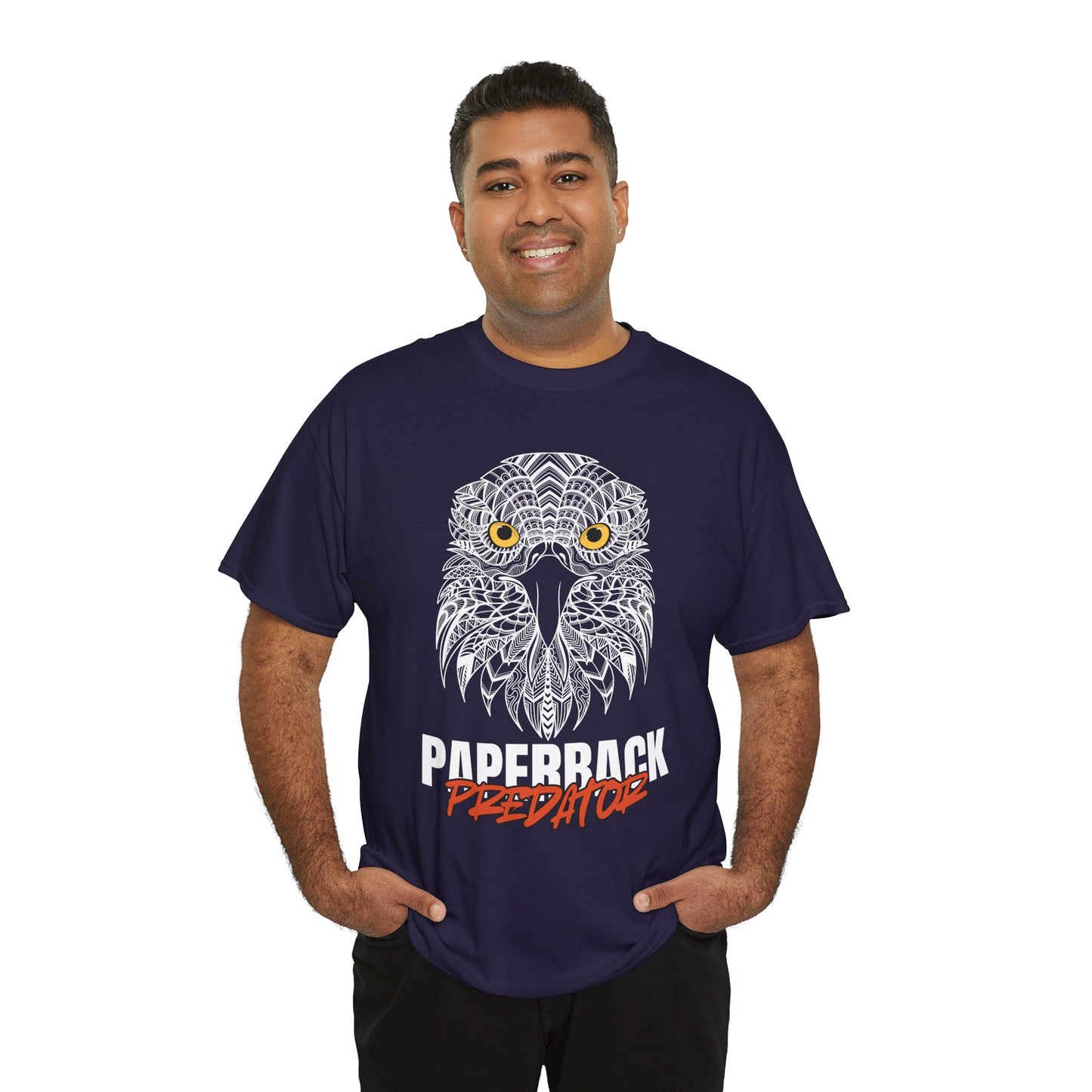 Man wearing a blackberry t-shirt with a yellow eyed hawk and text 'PAPERBACK PREDATOR' 