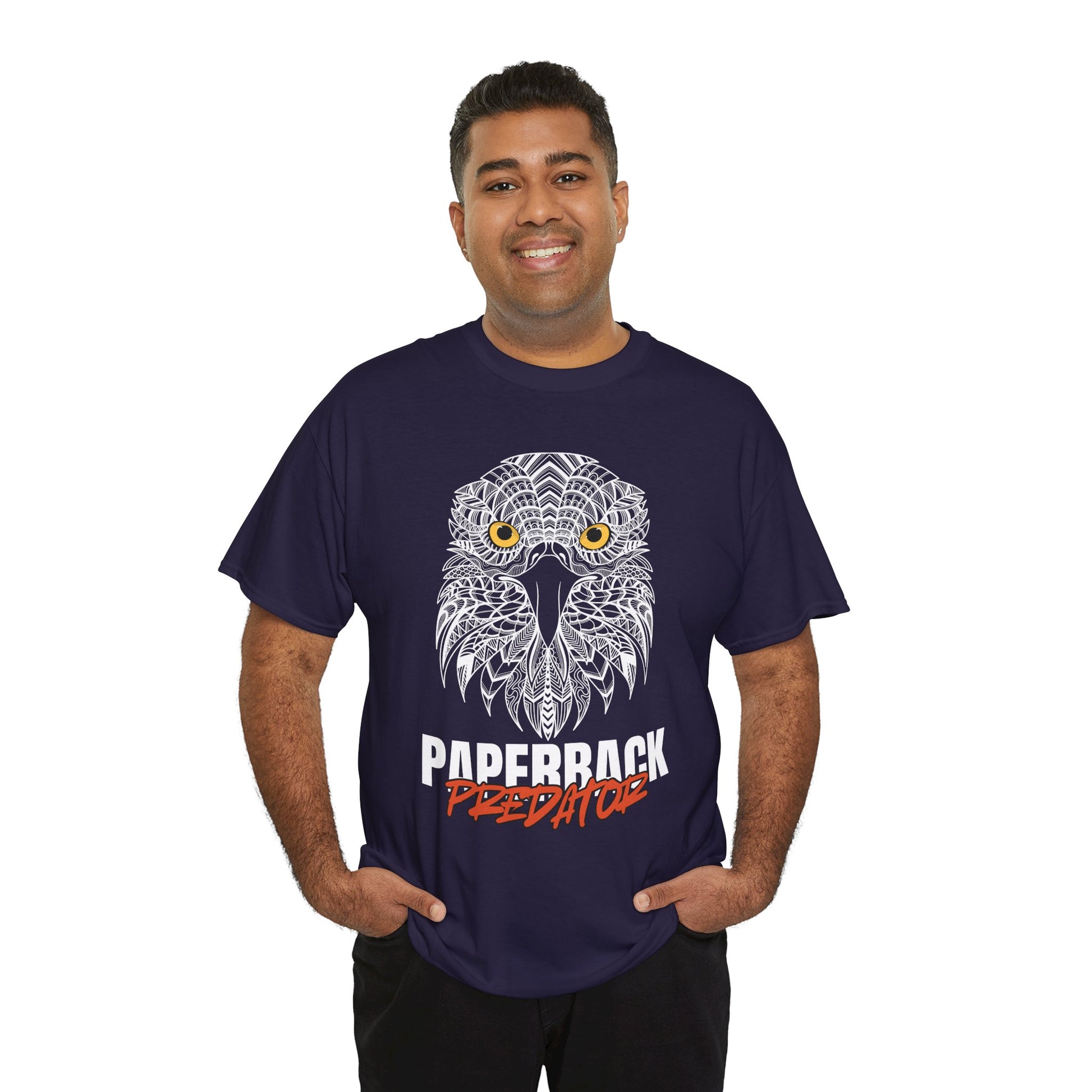 Man wearing a blackberry t-shirt with a yellow eyed hawk and text 'PAPERBACK PREDATOR' 