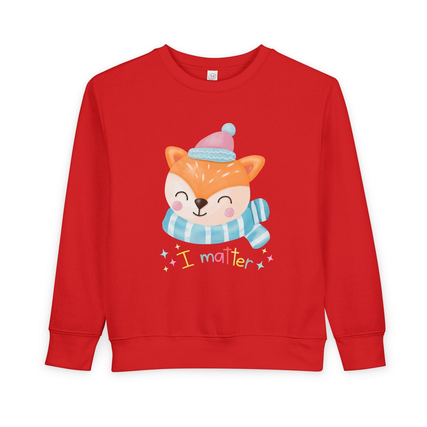 Red toddler sweatshirt with a cartoon fox wearing a hat and scarf on a white background, text 'I Matter'