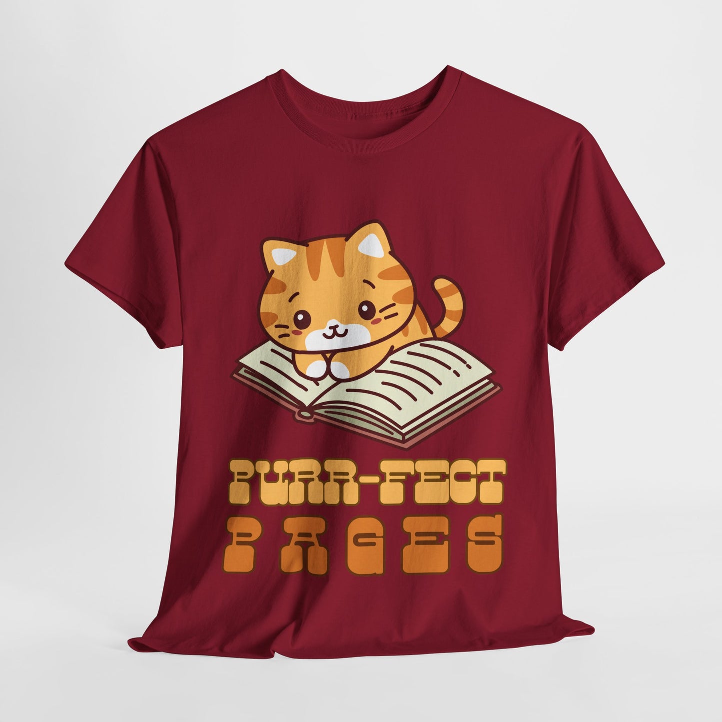 Teen/Adult Unisex “Purr-fect Pages” Cat Lover Reading Tee – Cute Bookish Cat Shirt