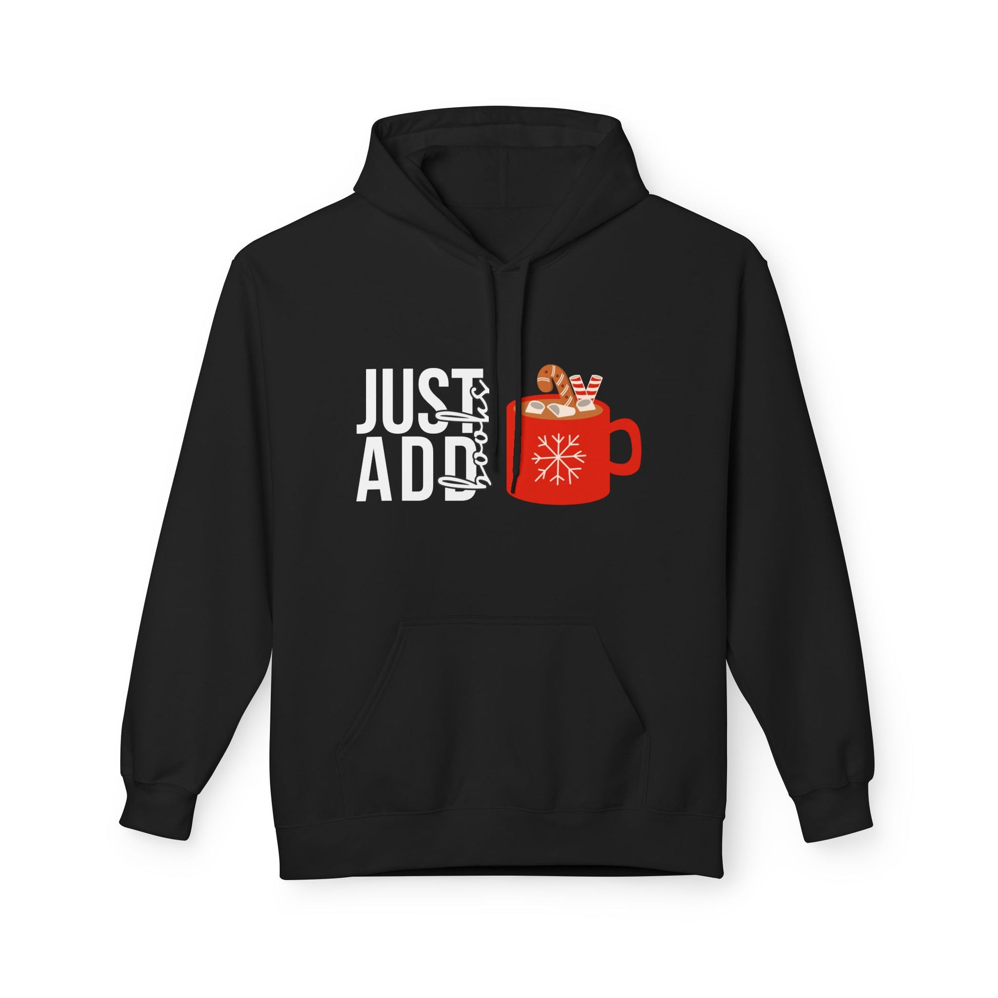 Black hoodie with a graphic of a red mug of hot chocolate and text 'just add books'