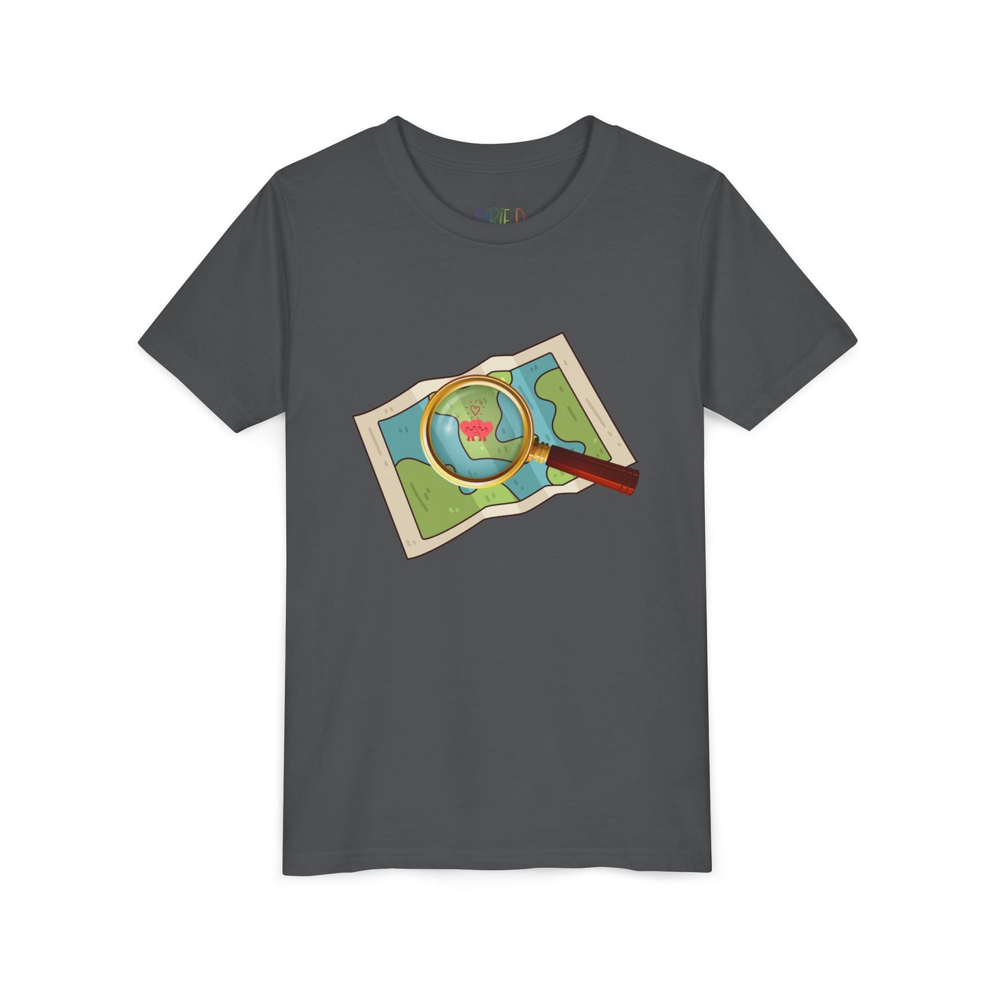 Gray t-shirt with a map and a magnifying glass highlighting two heart characters
