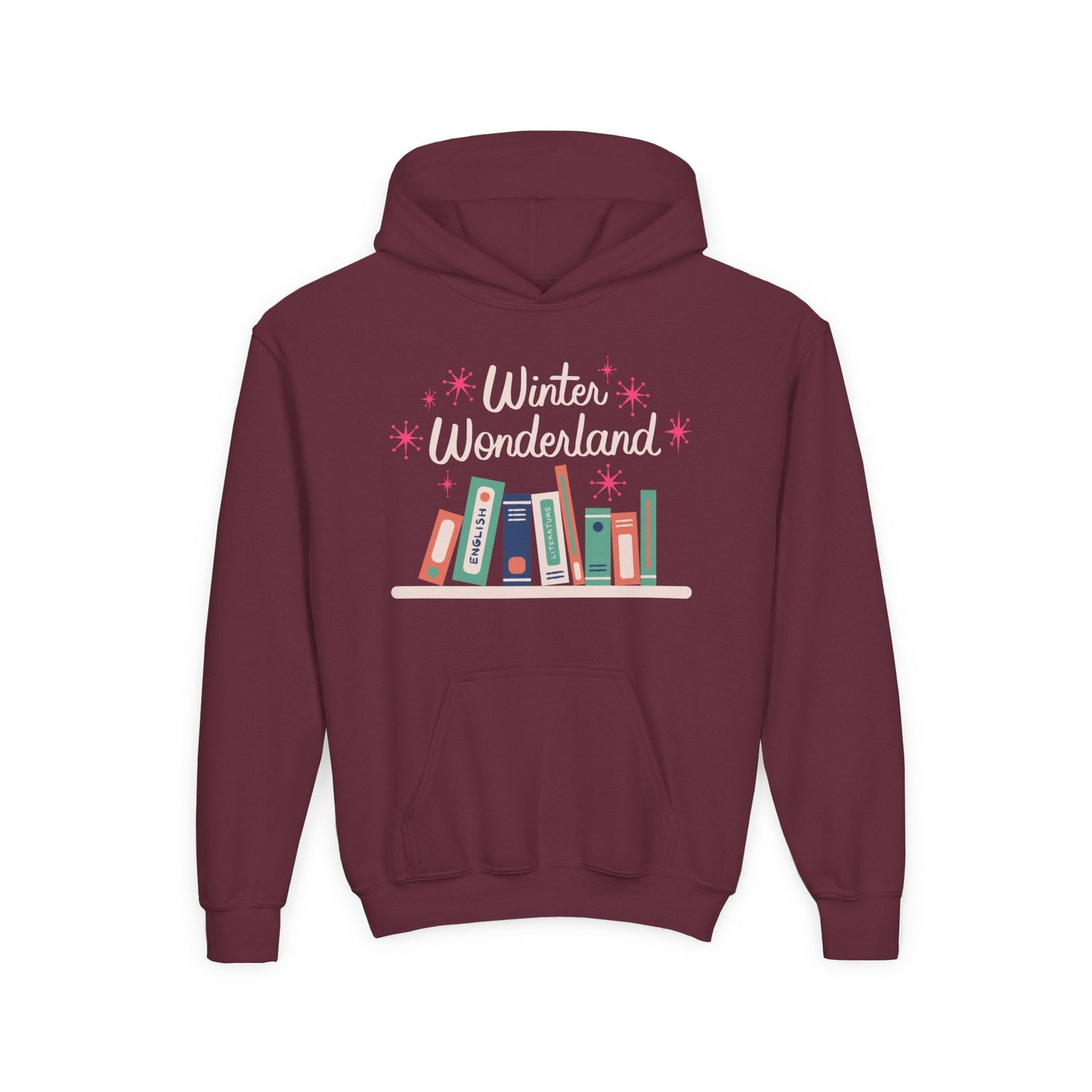 Youth Winter Wonderland Hoodie â€“ Colorful Bookshelf Holiday Design Printify