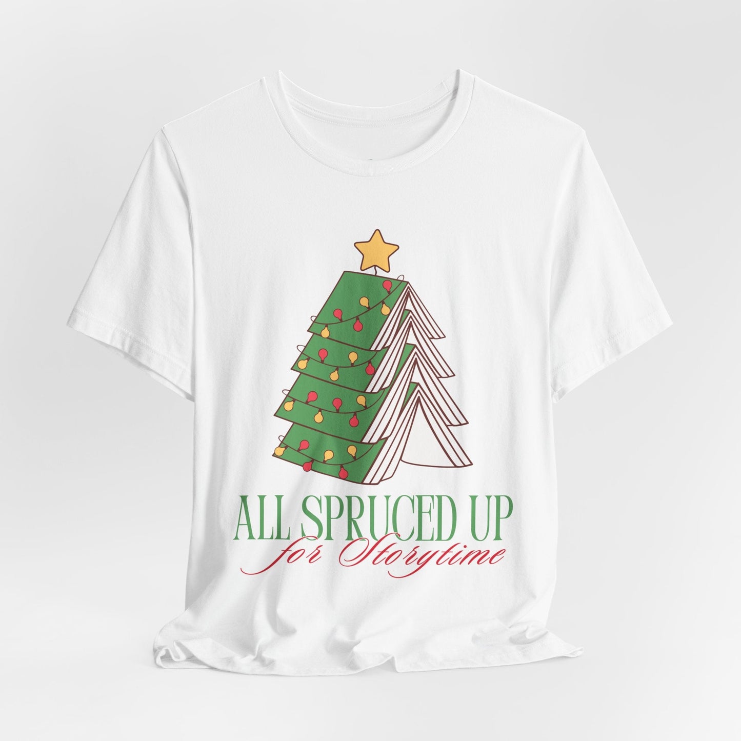 Teen/Adult Unisex All Spruced Up for Storytime T-Shirt â€“ Bookish Christmas Tree Design Printify