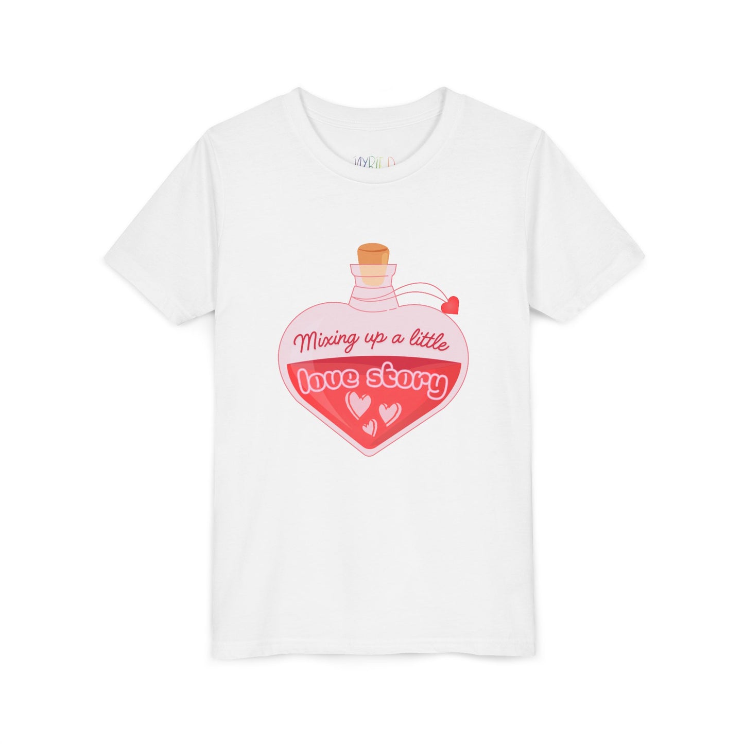 White t-shirt with a heart-shaped potion bottle and text 'Mixing Up A Little Love Story' 