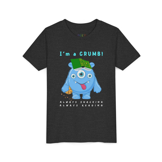 Dark t-shirt with a cartoon blue monster holding a book and text 'I'm a CRUMB!'