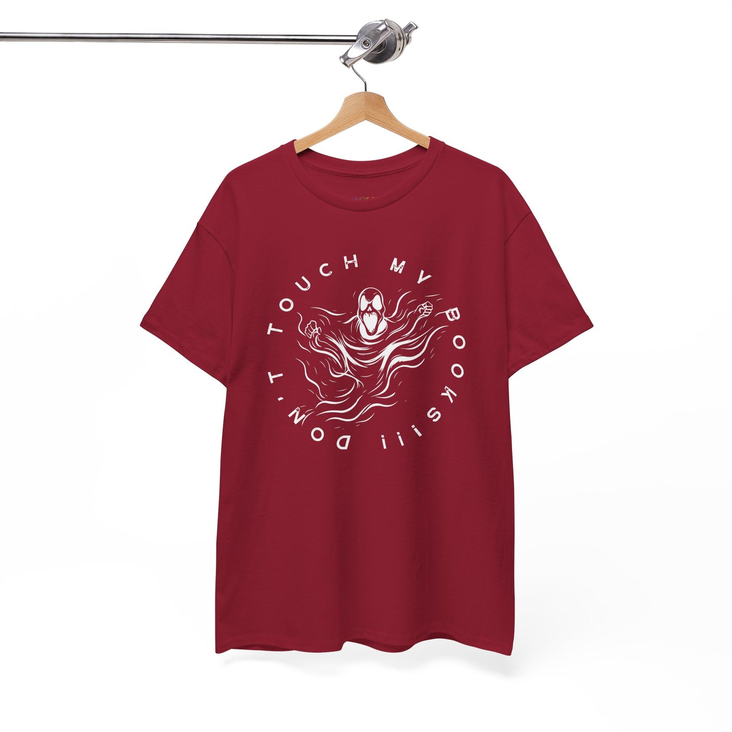 Red t-shirt with a ghost or spirit graphic design and text 'Don't Touch My Books!!!'