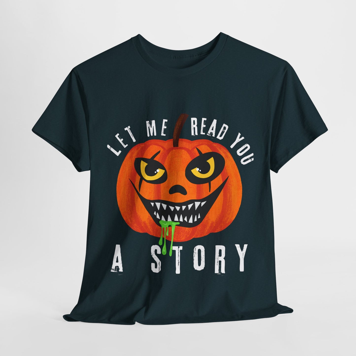 Teen/Adult Unisex Creepy Pumpkin "Let Me Read You a Story" T-Shirt – Spooky Halloween Reader Tee