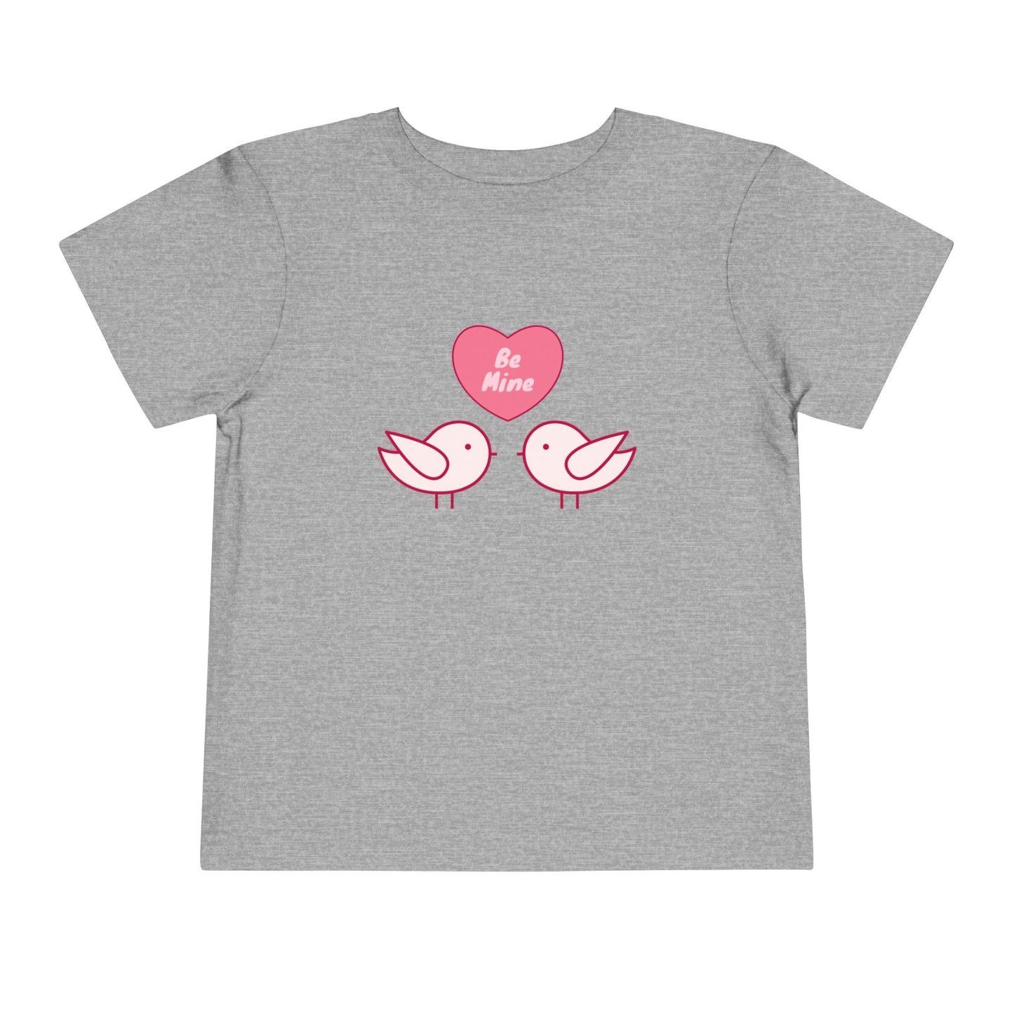 Gray toddler t-shirt with pink heart, two pink birds and 'Be Mine' text 