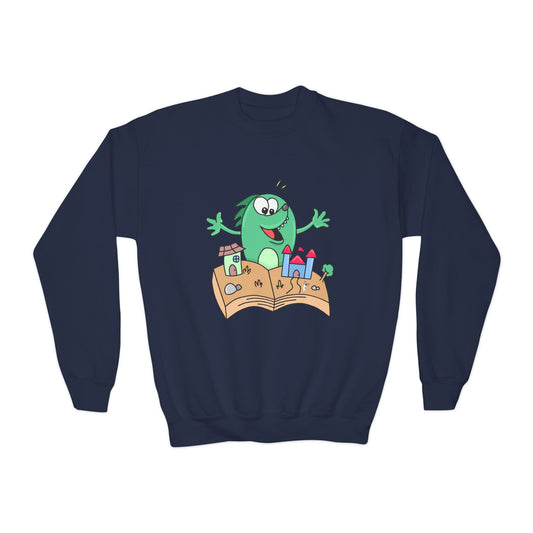 Navy blue sweatshirt with a cartoon dog excited about a 3D book