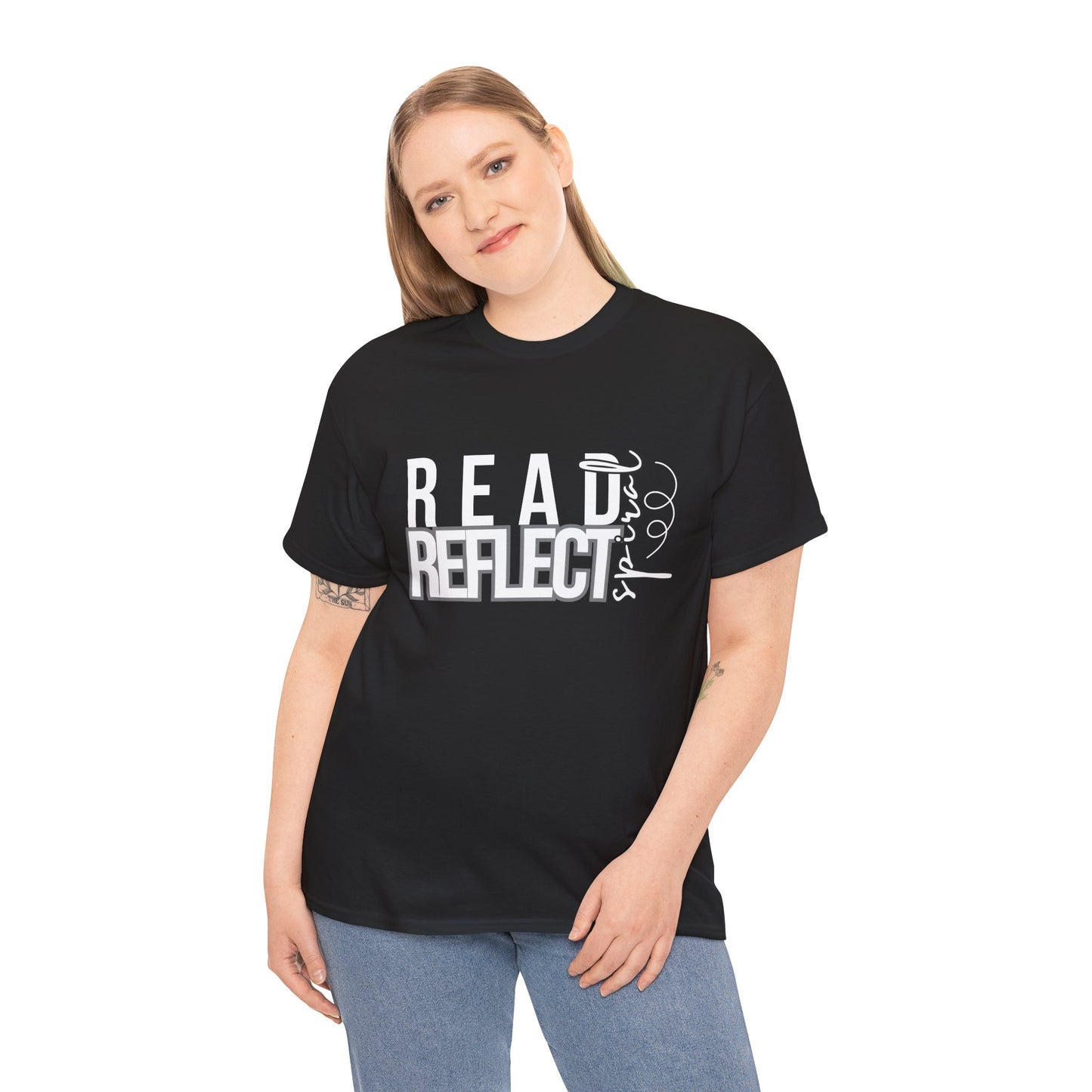 Woman wearing a black t-shirt with 'READ REFLECT SPIRAL' text 