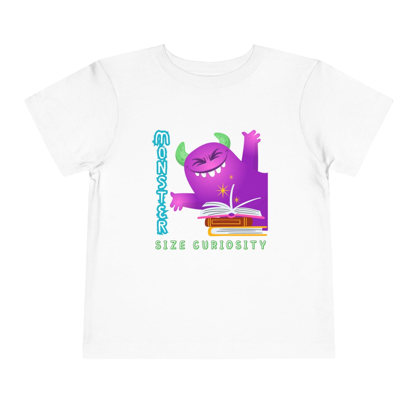White t-shirt with a happy purple monster, a pile of books and text 'Monster Size Curiosity'