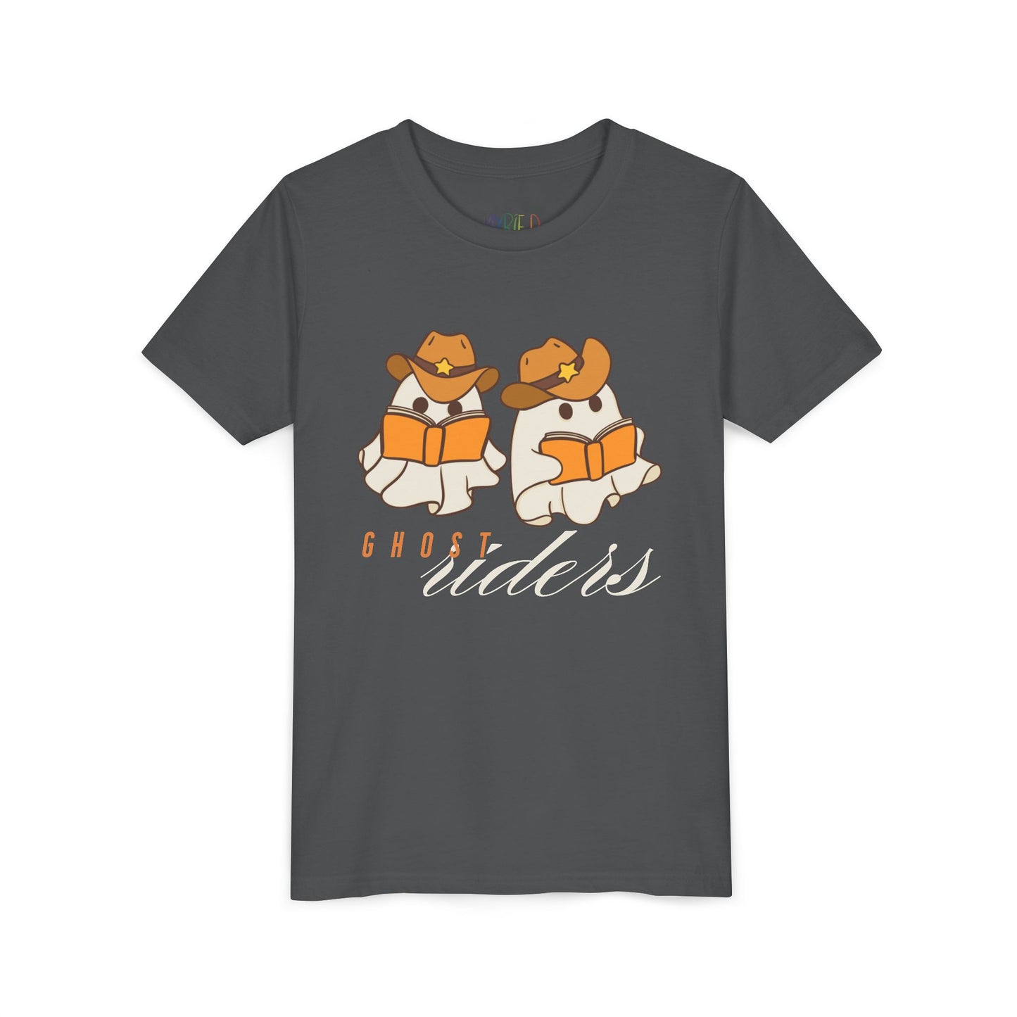 Gray t-shirt with cowboy hat wearing ghost reading books and text 'Ghost Riders'