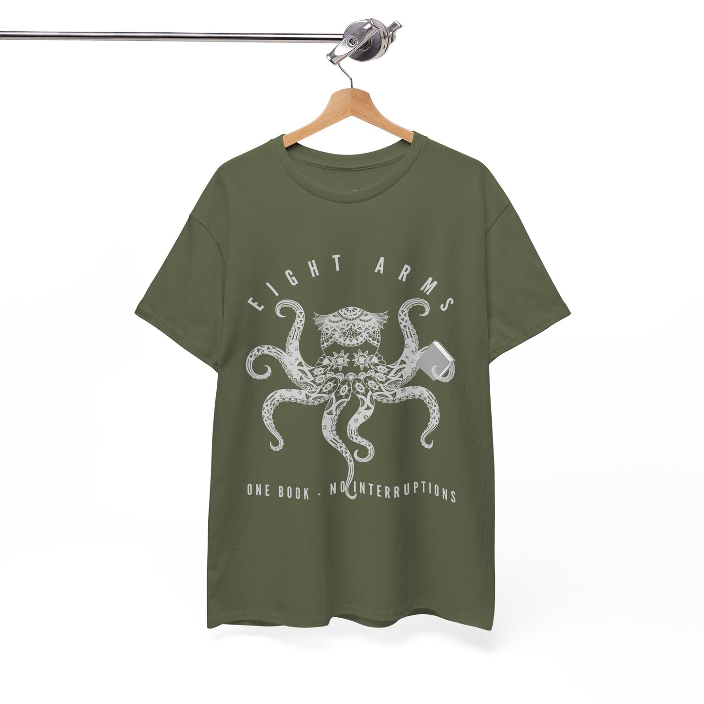 Green t-shirt with an octopus design holding a book and text 'Eight Arms, One Book, No Interruptions'