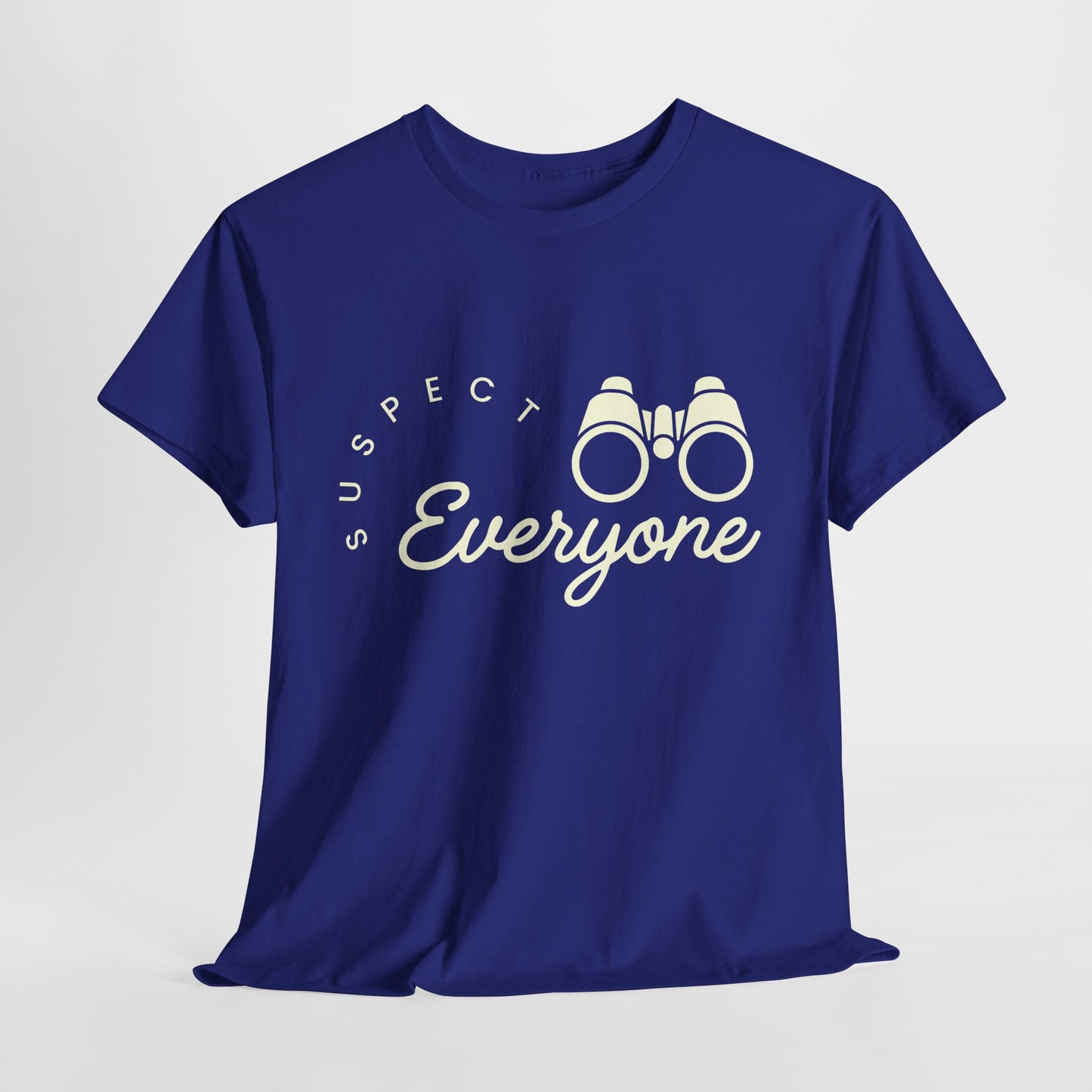 Blue t-shirt with white text and binoculars graphic on a light gray background