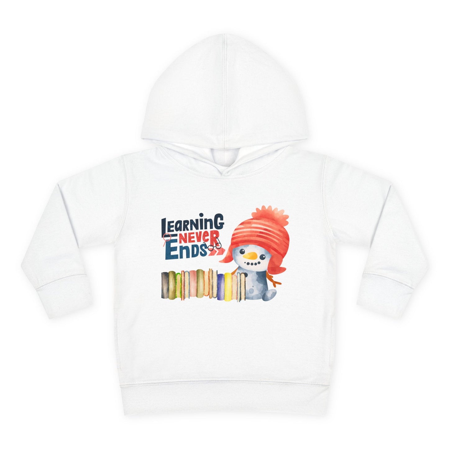 White toddler hoodie with a showman, a line of books and text 'Learning Never Ends' on a white background