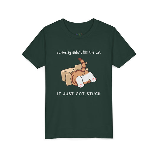 Youth Curiosity Just Got Stuck T-Shirt – Funny Cat Lovers' Tee for Young Readers