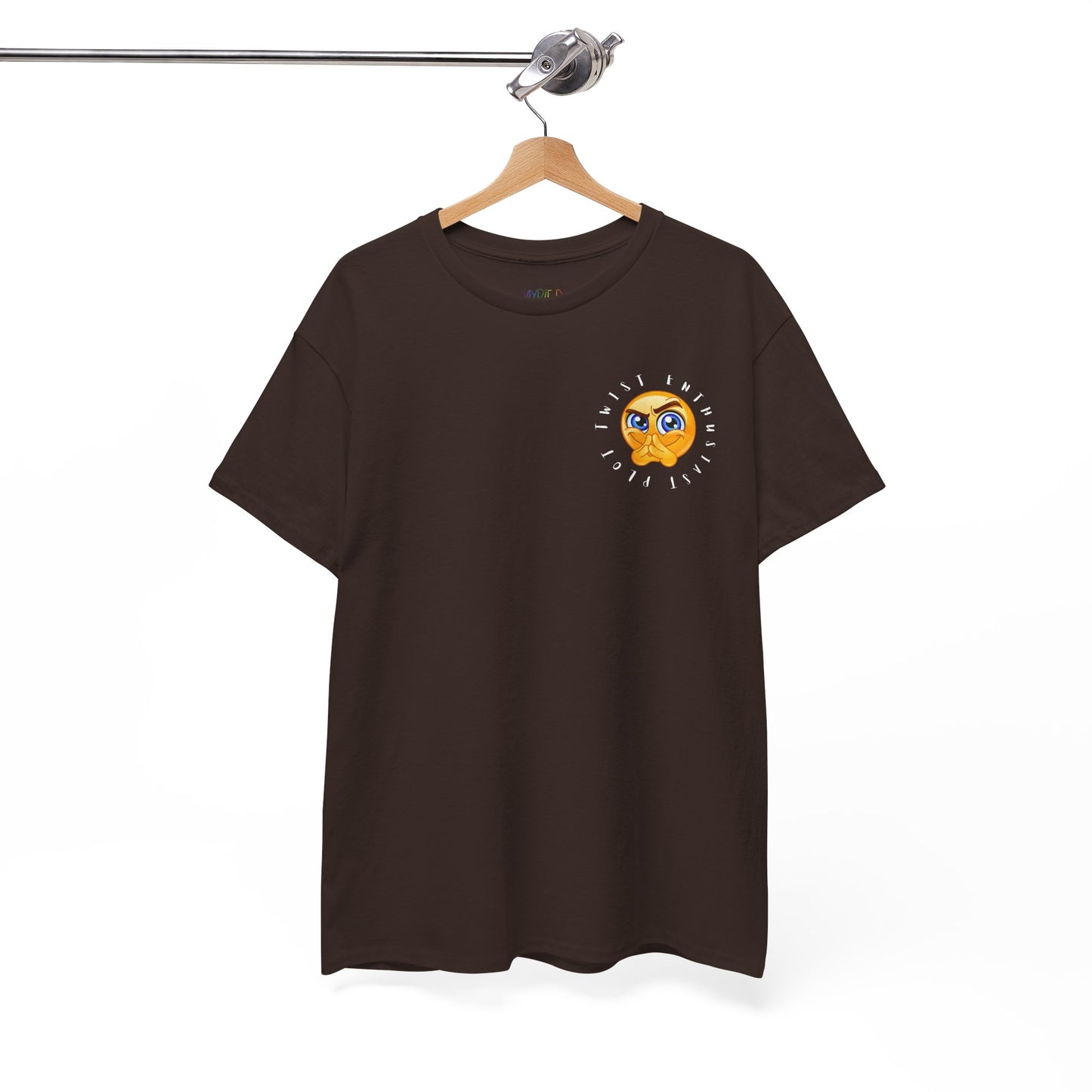 Brown t-shirt with a small emoji circled by text 'Plot Twist Enthusiast' 