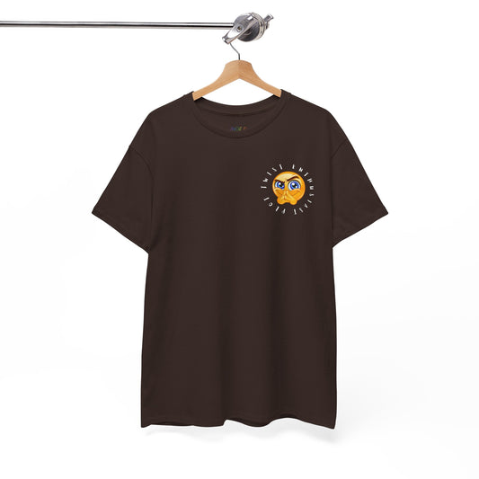 Brown t-shirt with a small emoji circled by text 'Plot Twist Enthusiast' 