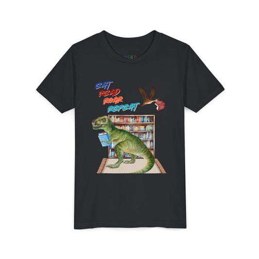 Youth Eat Read Roar Repeat Tee – Dino Book Lover Shirt for Relentless Readers