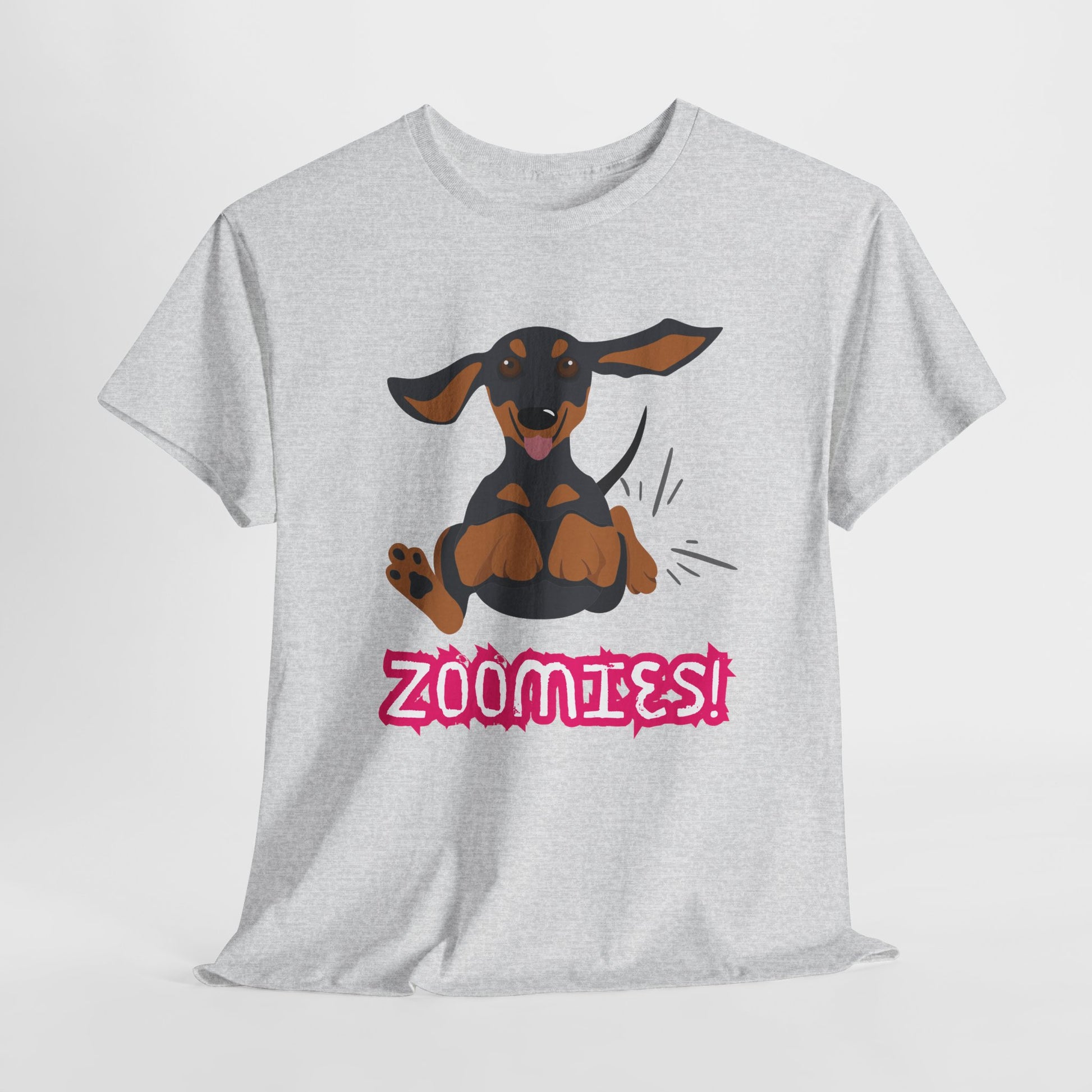 Gray t-shirt with a dachshund graphic leaping off the shirt and text 'Zoomies!' beneath it
