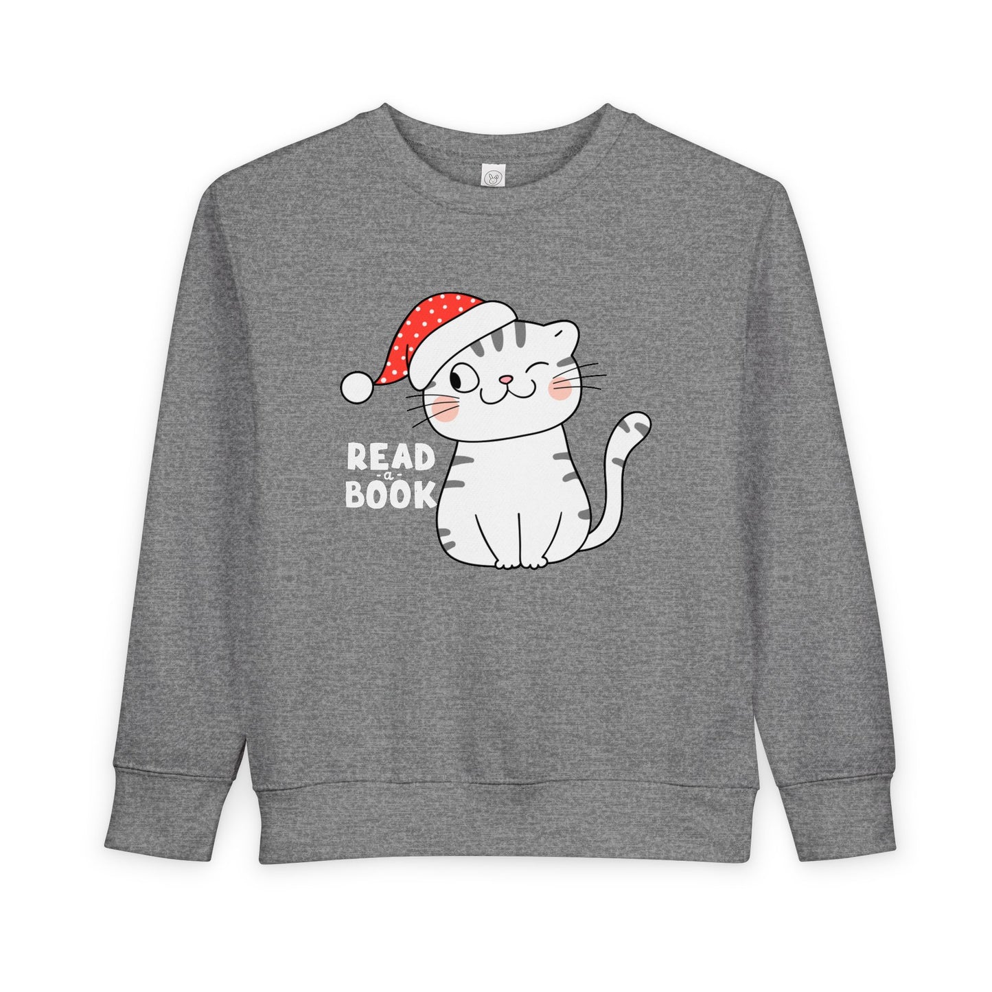 Gray toddler sweatshirt with a winking gray and white cat wearing a Santa hat and 'Read a Book' text on a white background