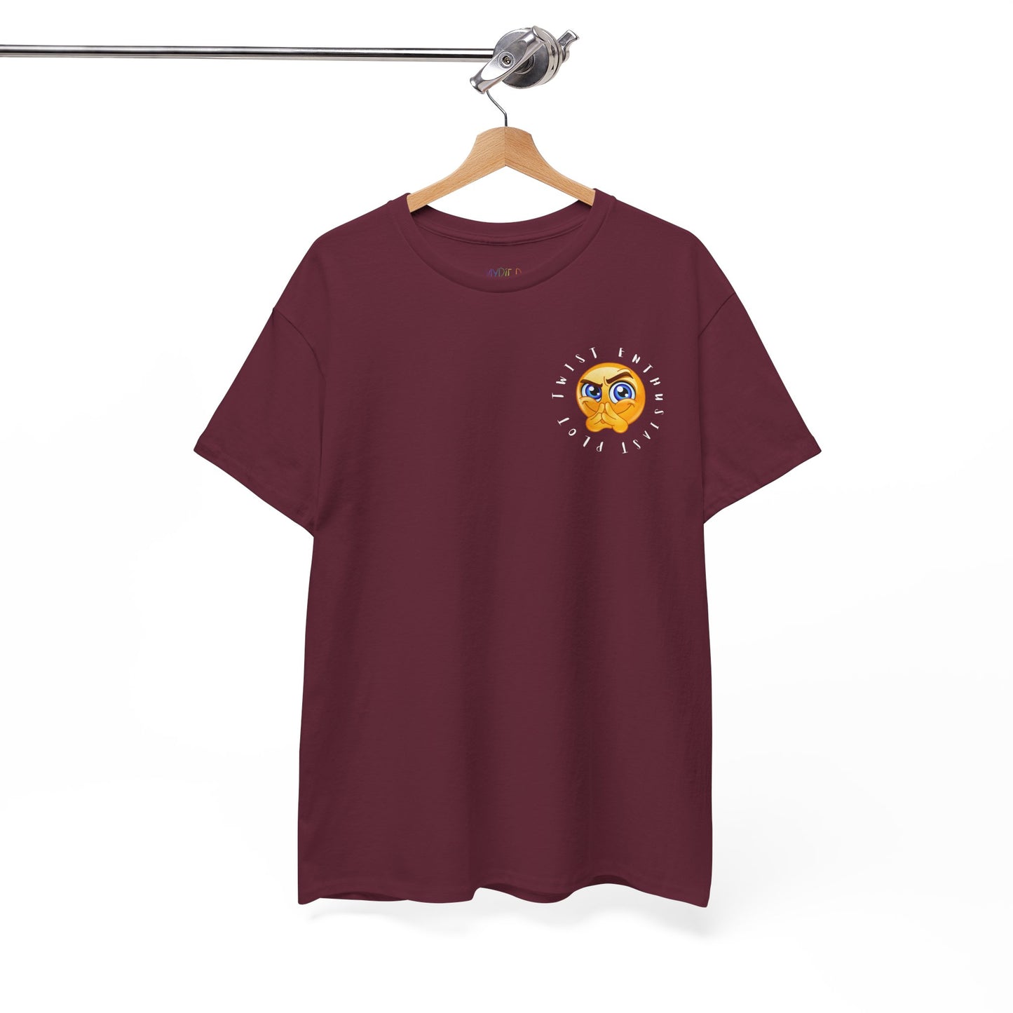 Maroon t-shirt with a small emoji circled by text 'Plot Twist Enthusiast' 