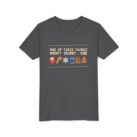 Gray t-shirt with text 'One of these things doesn't belong?...rude' and images of items.
