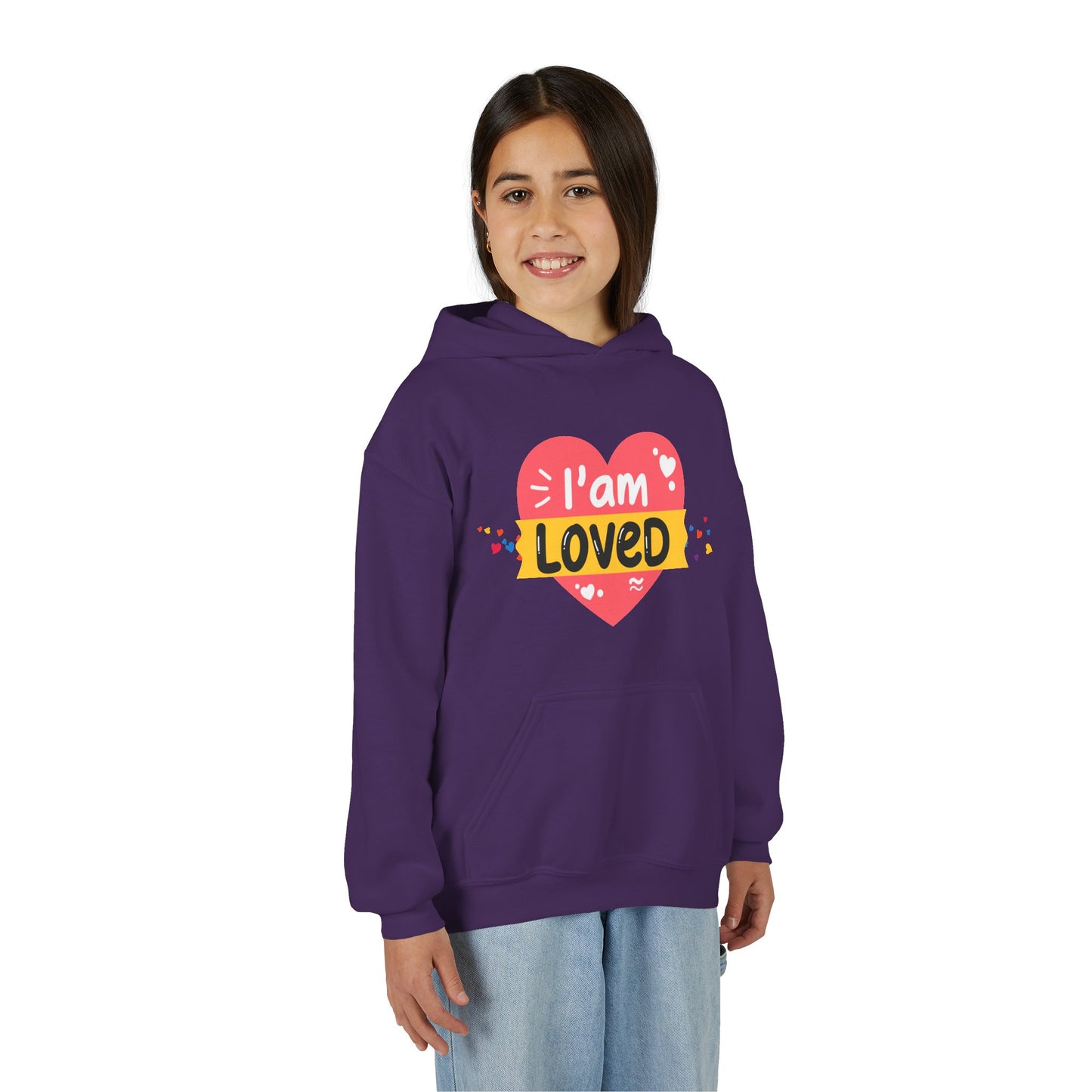 Girl wearing a purple hoodie with a heart design and 'I am loved' text 