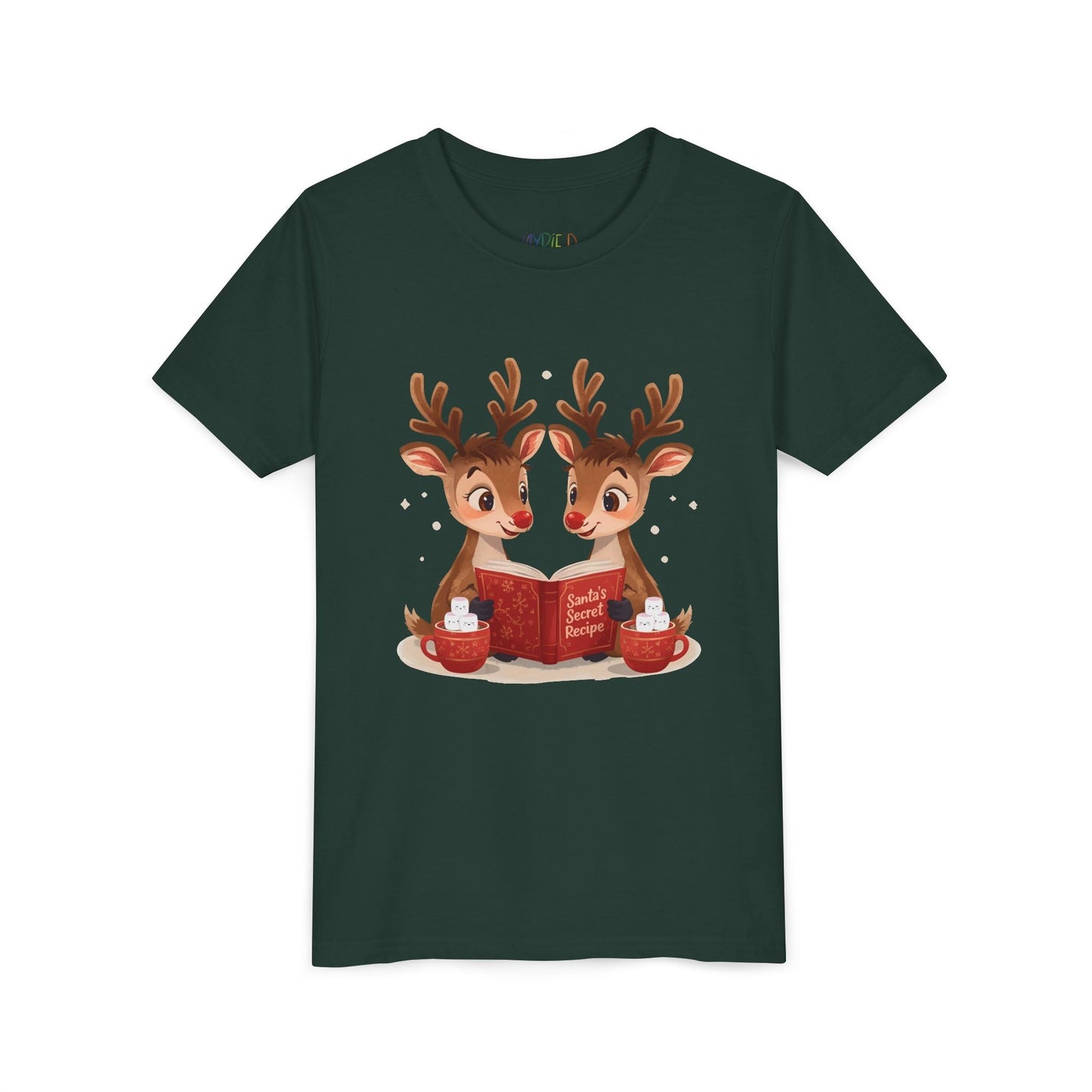 Youth Santaâ€™s Secret Recipes T-Shirt â€“ Cute Reindeer Reading Design Printify