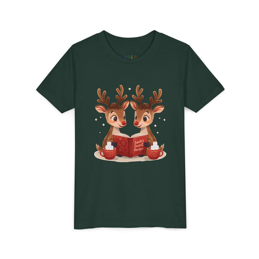 Youth Santaâ€™s Secret Recipes T-Shirt â€“ Cute Reindeer Reading Design Printify