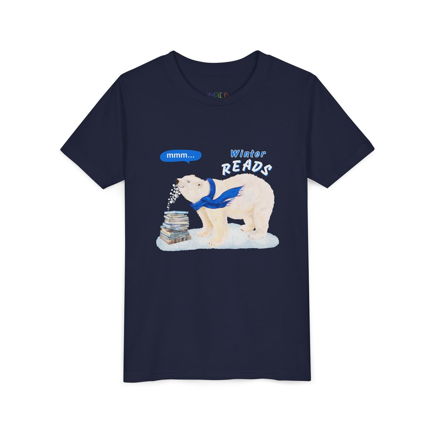 Navy blue t-shirt with a polar bear graphic and text on a white background