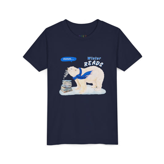 Navy blue t-shirt with a polar bear graphic and text on a white background