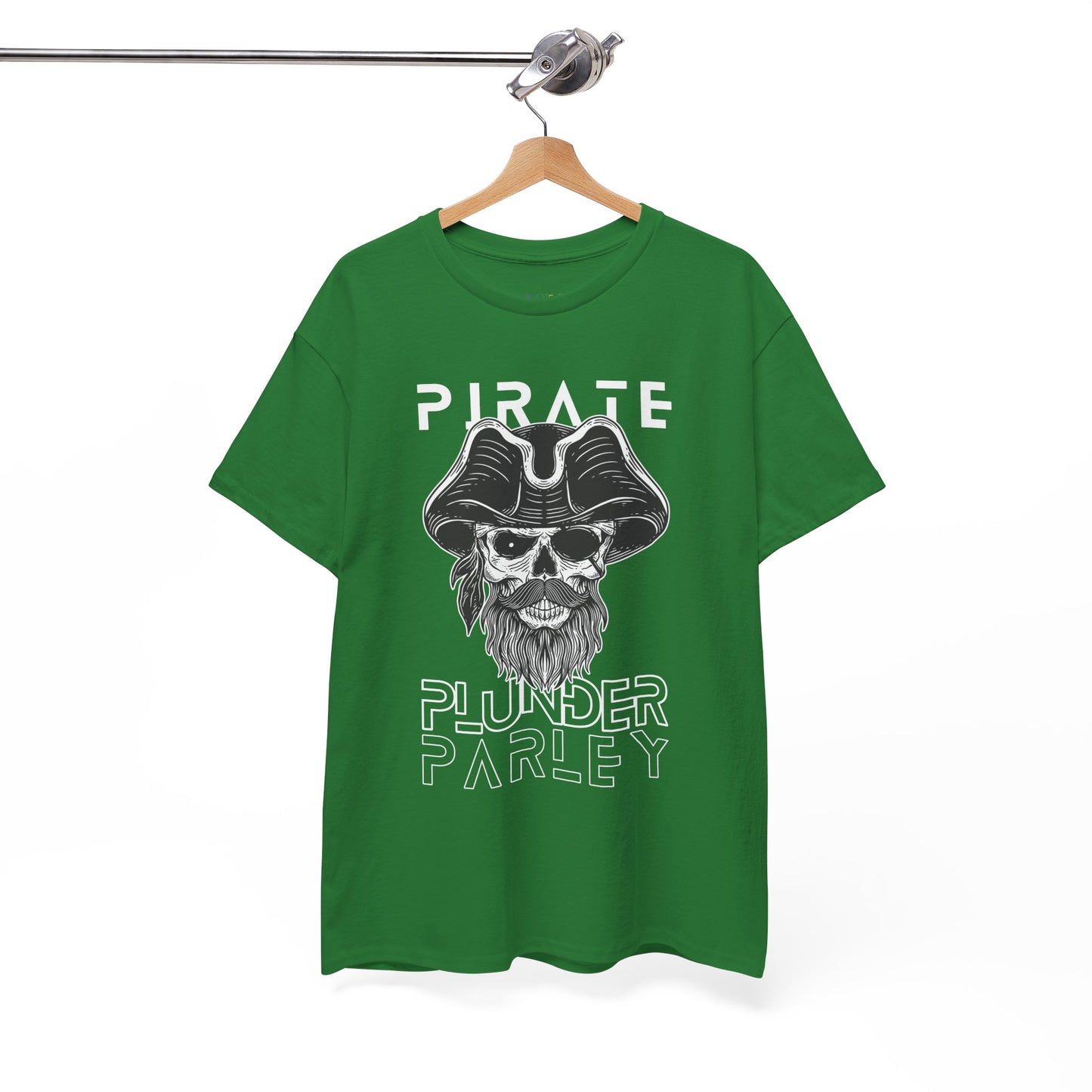 Green t-shirt with a black and white pirate graphic and text 'Pirate. Plunder. Parley'