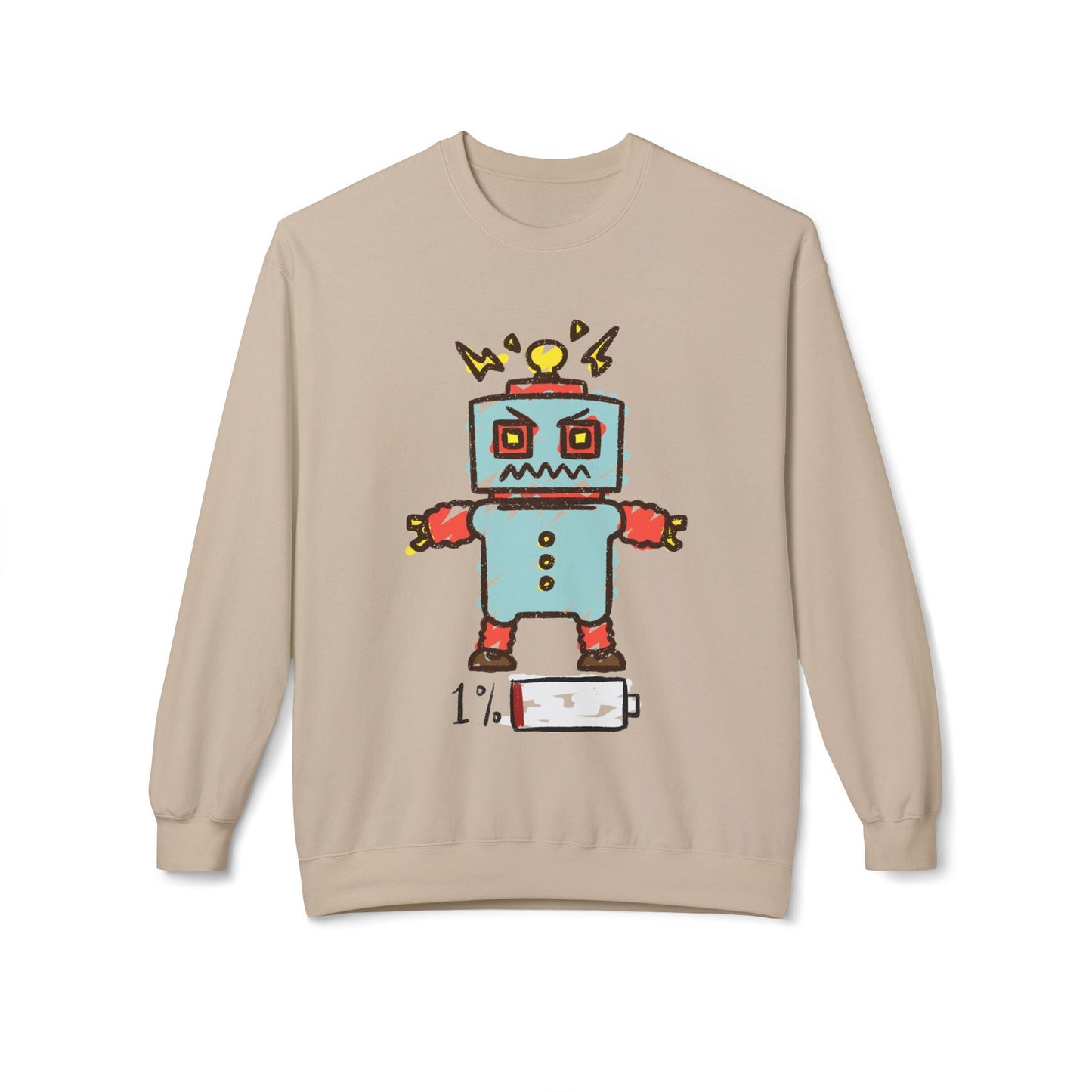 Teen/Adult Unisex Low Battery Robot Sweatshirt â€“ Burnout Vibes Design Printify