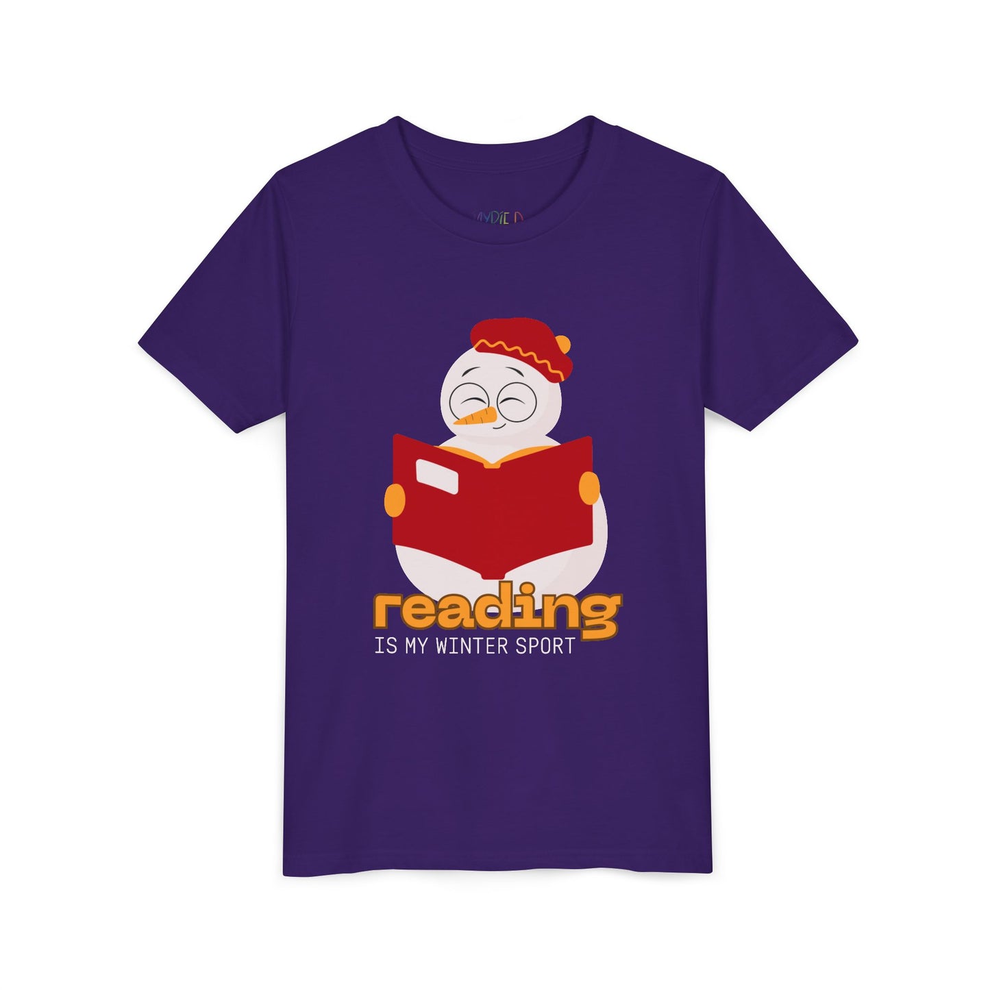 Purple t-shirt with a snowman reading a book graphic and text on a white background