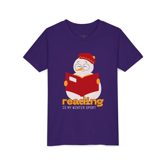 Purple t-shirt with a snowman reading a book graphic and text on a white background