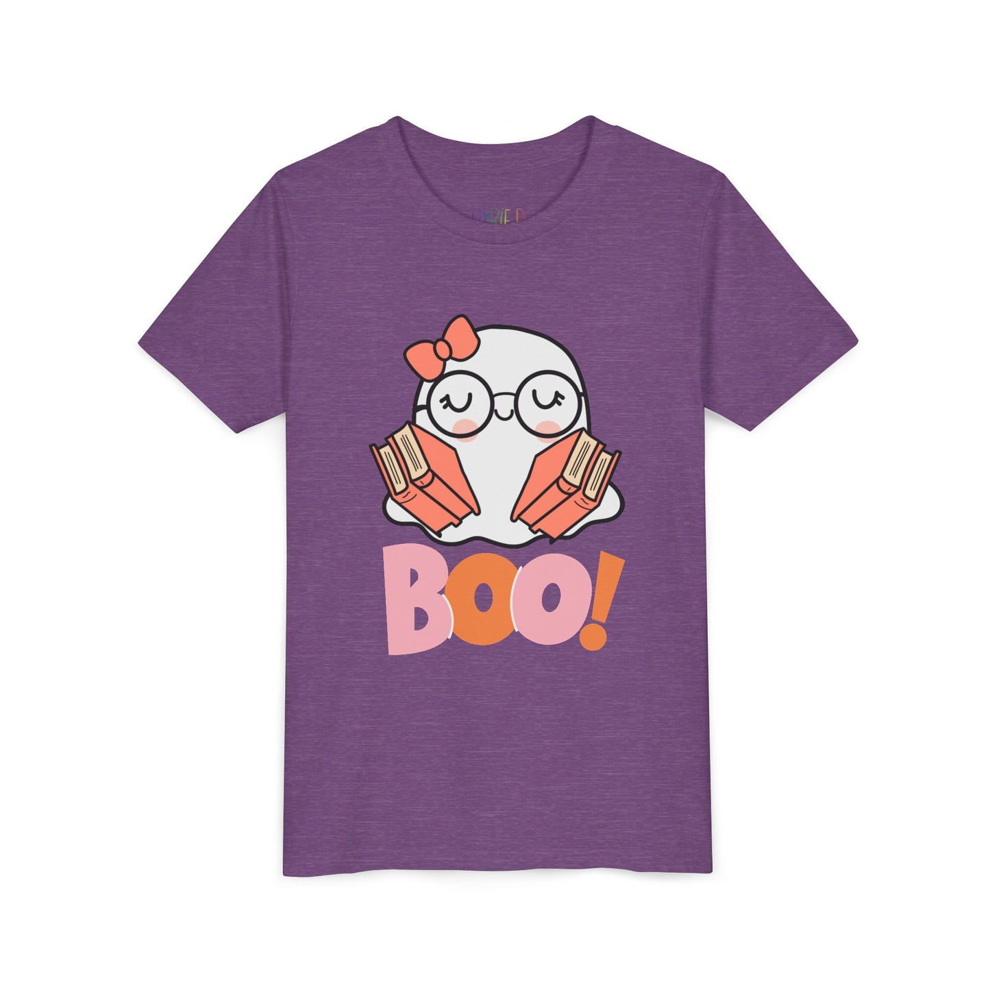 Youth Halloween "Boo!" Ghost Reader Tee – Spooky Cute Bookish Shirt (Glasses Edition)