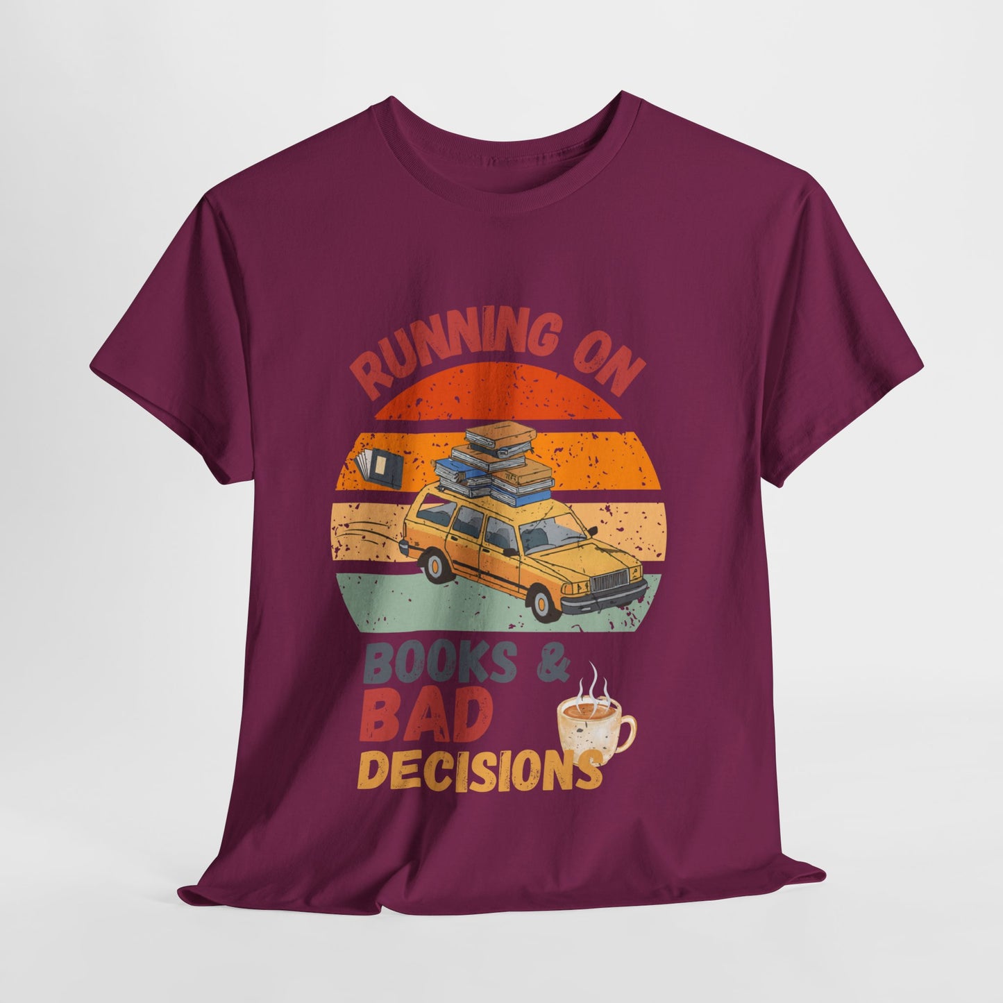 Teen/Adult Unisex Running on Books & Bad Decisions Tee – Funny Retro Reader Shirt for Book Addicts (Coffee Edition)