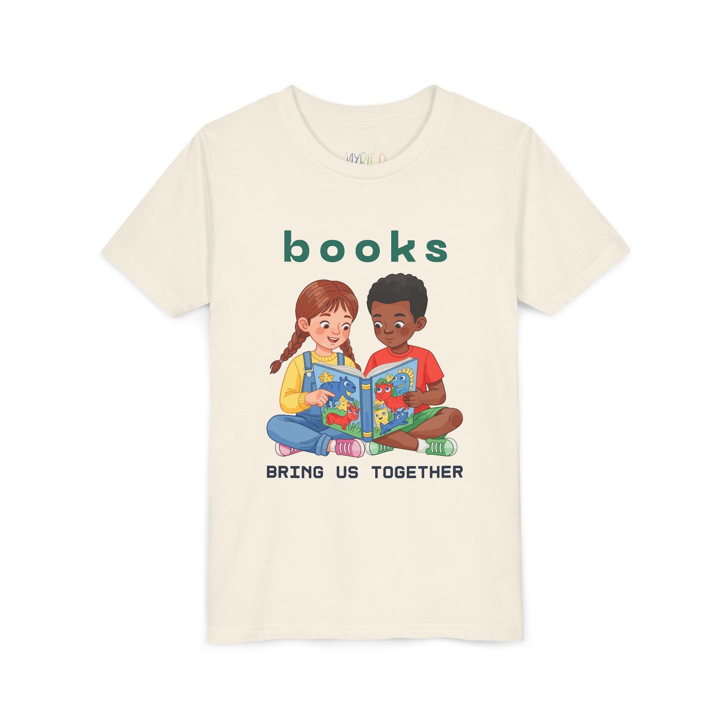 Beige t-shirt with illustration of two children reading a book and text 'books bring us together'