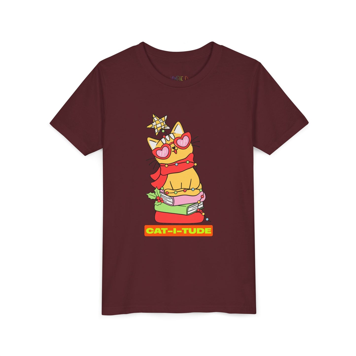 Youth Cat-I-Tude T-Shirt â€“ Holiday Cat Reading Design Printify