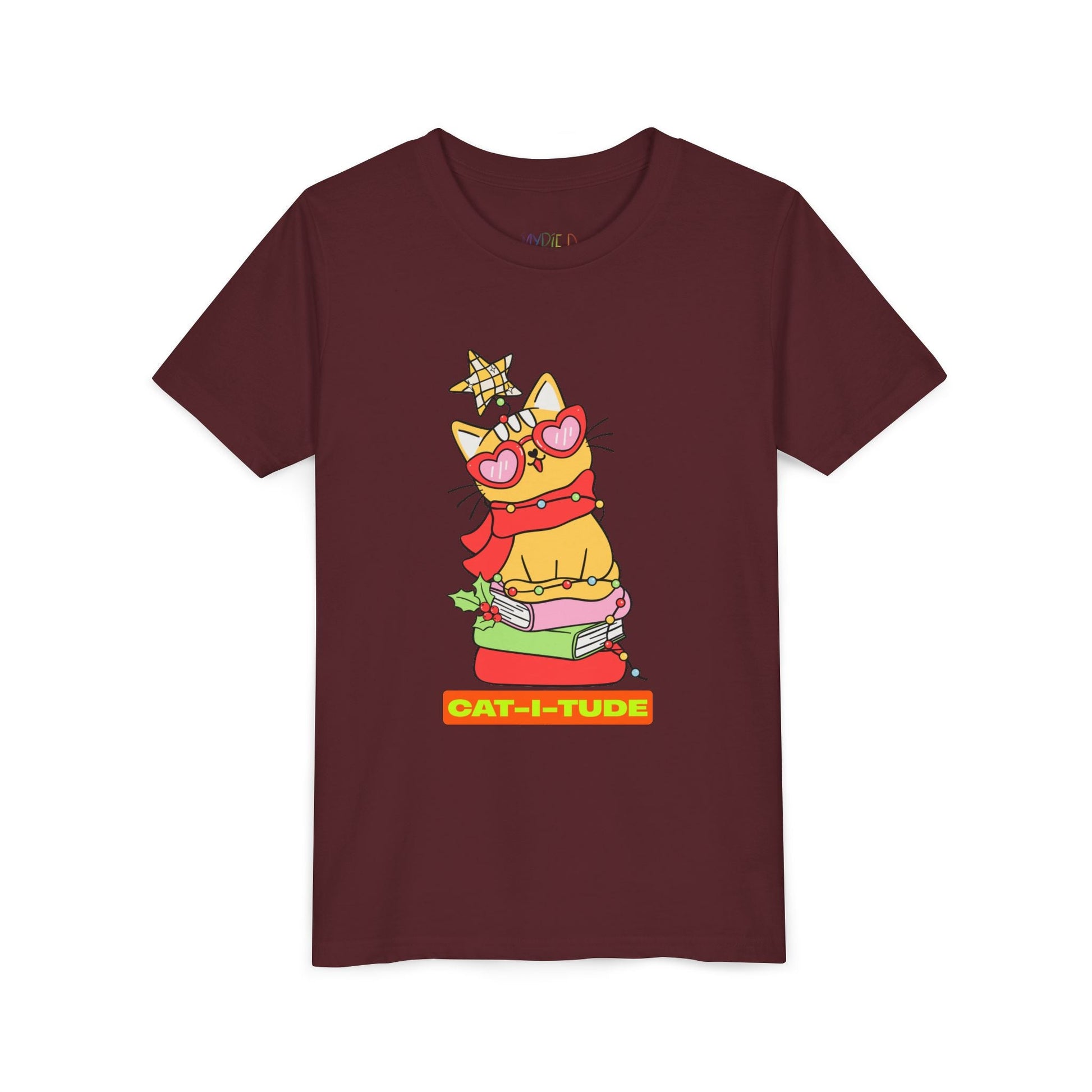 Youth Cat-I-Tude T-Shirt â€“ Holiday Cat Reading Design Printify