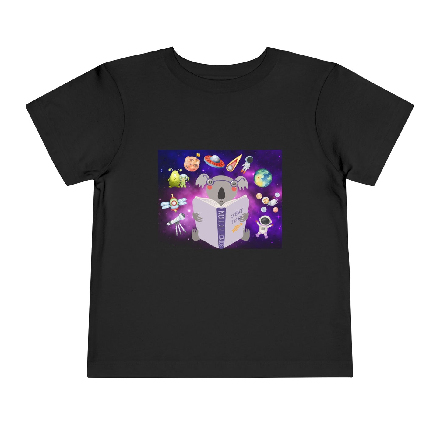 Black toddler t-shirt with a colorful graphic of a koala reading a book, with all sorts of space ideas floating around 
